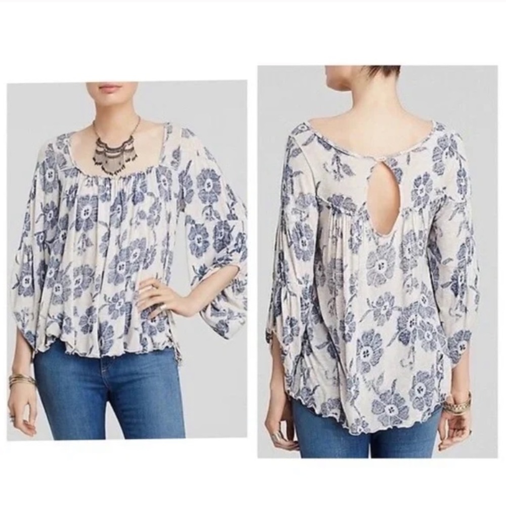 Free People Grey and Blue Floral Peasant Boho Top, MEDIUM, used good condition - Picture 2 of 6